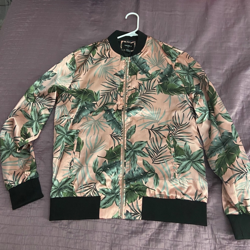 Forever 21 Pink Palm Leaf Bomber Jacket